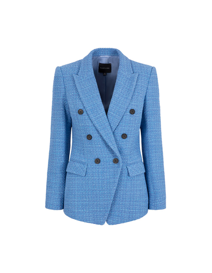 MARYLING Ice Blue Tweed Peaked Lapel Double-Breasted Blazer