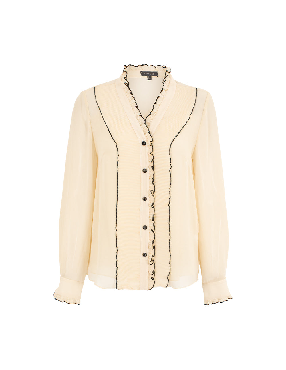 MARYLING V-Neck Long Sleeve Ruffle Trim Pin Tuck Silk Top