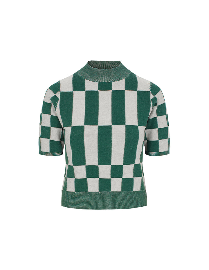 MARYLING Ribbed Round Neck Color Block Short Sleeve Knit Pullover