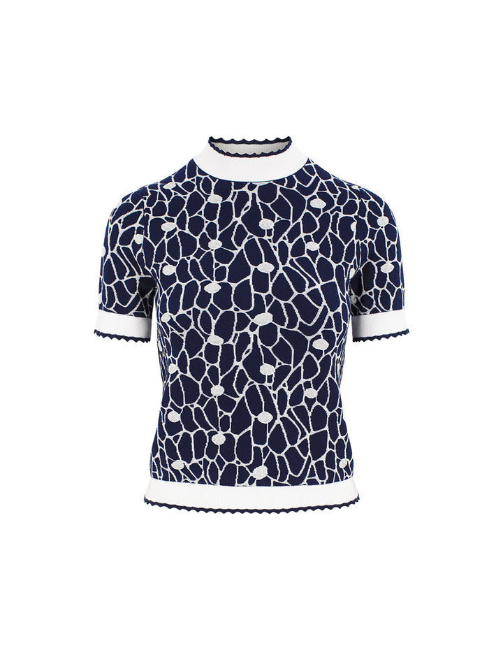 MARYLING Ruffled Half-Turtleneck Short-Sleeved Glass Bead Print Knit Pullover