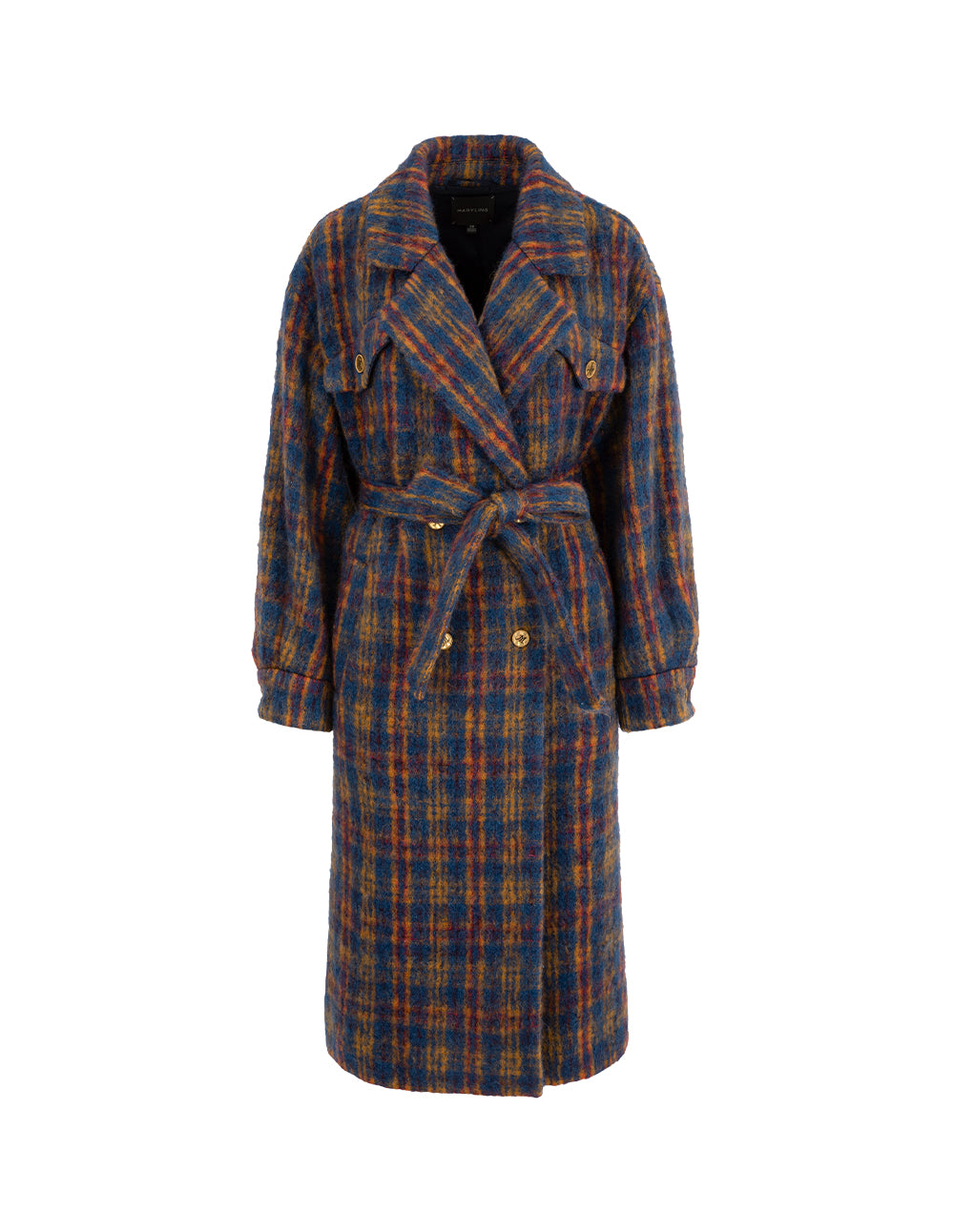MARYLING Lapel Double-Breasted Red & Blue Plaid H-Shaped Coat