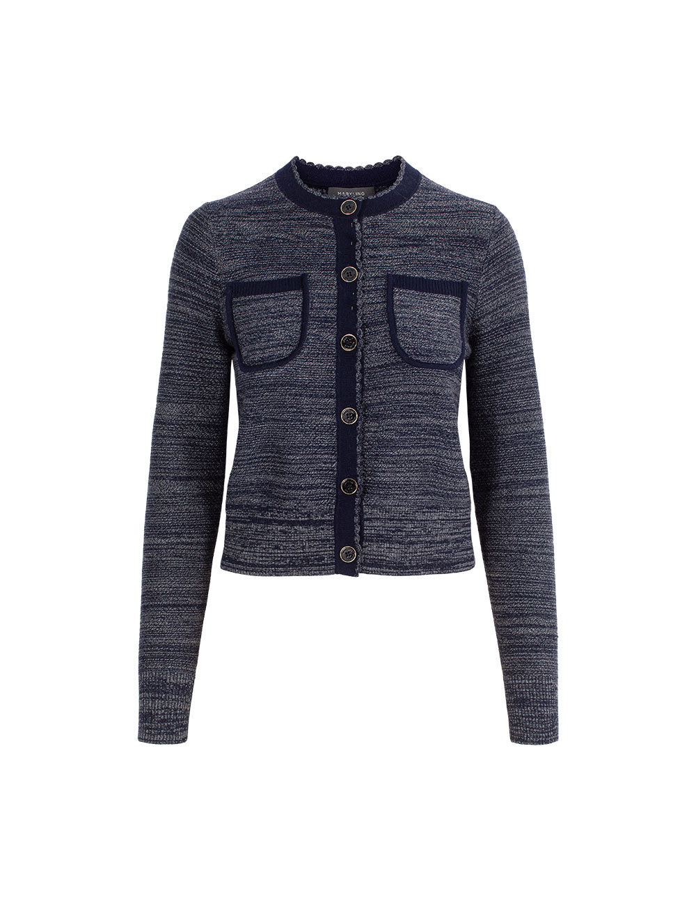 MARYLING Round Neck Ribbed Variegated Blue Wool Cardigan