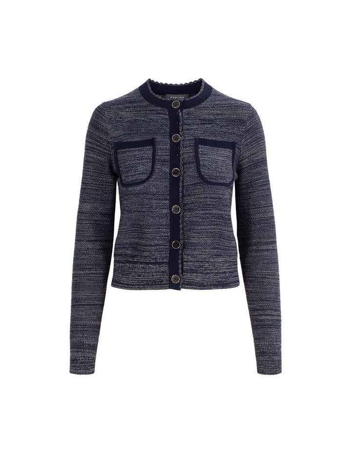 MARYLING Round Neck Ribbed Variegated Blue Wool Cardigan