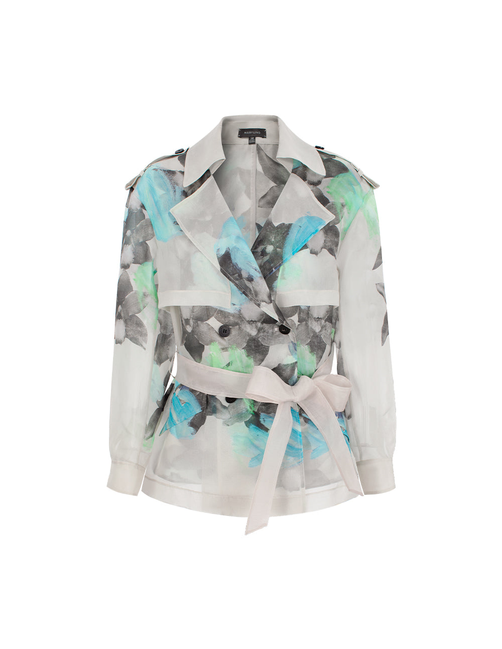 MARYLING Peaked Lapel Collar Oil Painting Tie-Waist Mid-Length Windbreaker