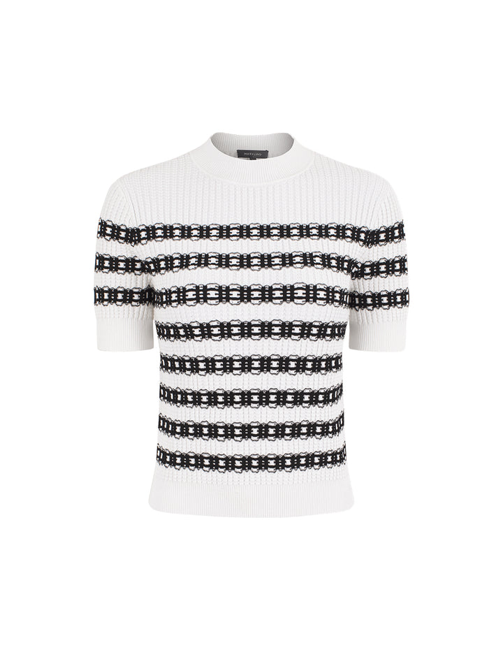 MARYLING Round Neck Short Sleeve Lace Textured Stripe Knit Top