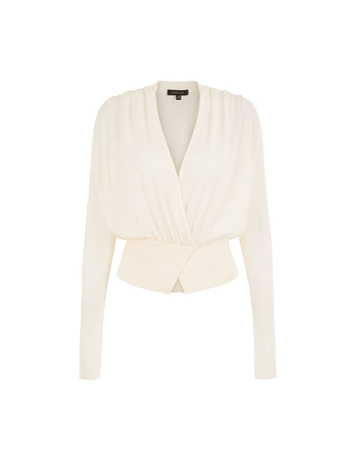 MARYLING V-Neck Long-Sleeved Ruched high-Waist Stretch Wool Knit Pullover