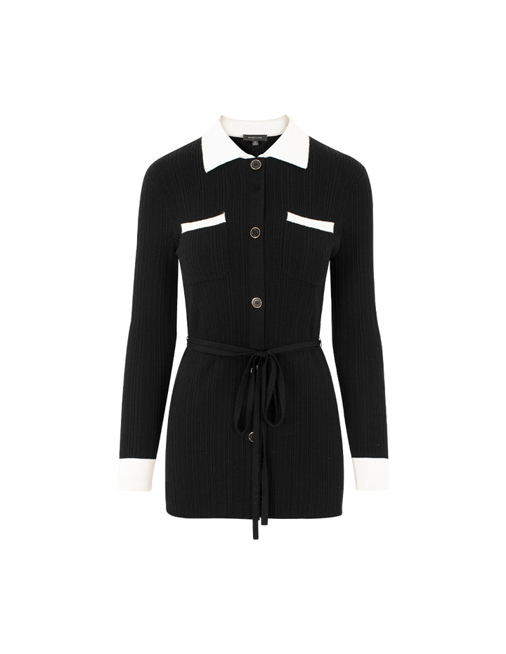 MARYLING Lapel Long Sleeve Belted Wool Long Knit Cardigan