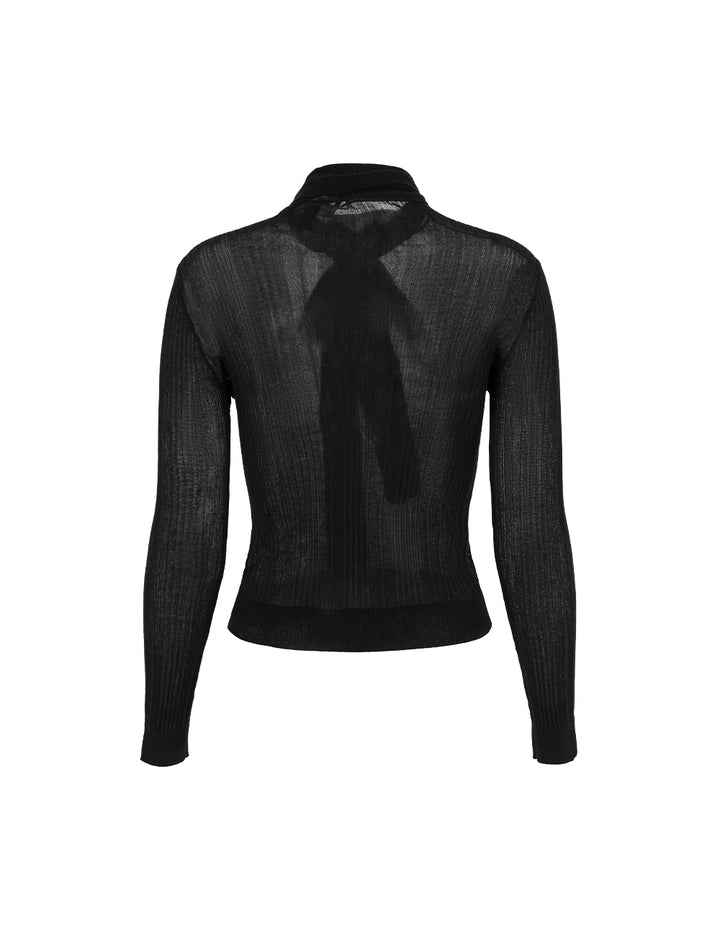MARYLING High-Collar Tie-Front Long-Sleeve Fitted Black Thin-Pullover