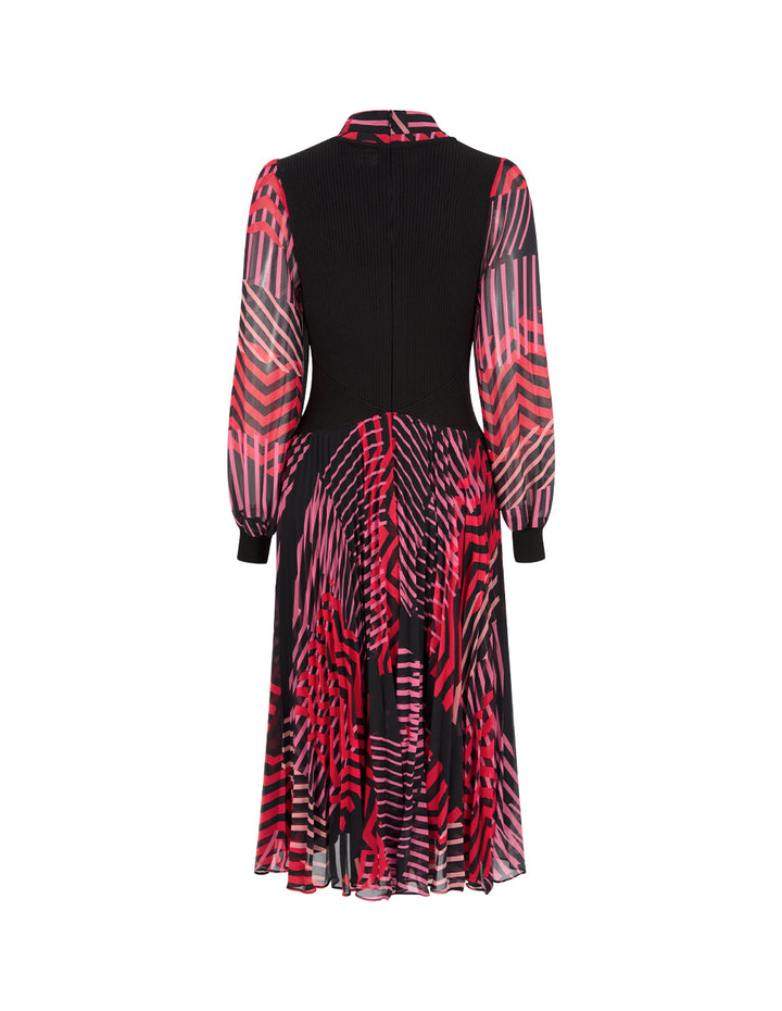 MARYLING Stripe-Printed Long Sleeve Patchwork Knitted Pleated Midi Dress