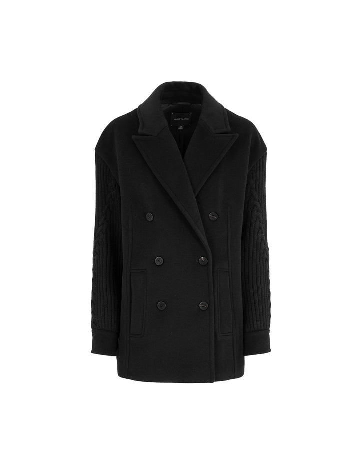 MARYLING Black Peak Lapel Double-Breasted Woolen-Sleeve Coat