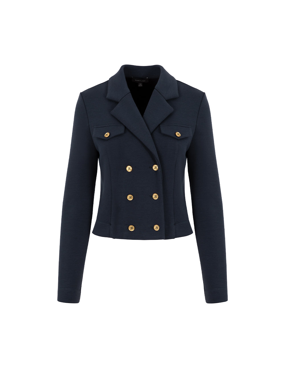 MARYLING Peaked Lapel Double-Breasted Navy Knit Short Jacket