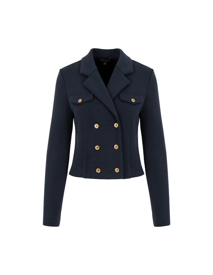 MARYLING Peaked Lapel Double-Breasted Navy Knit Short Jacket