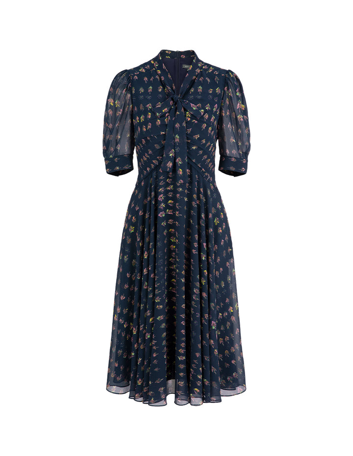 MARYLING V-Neck Ribbon Tree-Printed Blue Dress