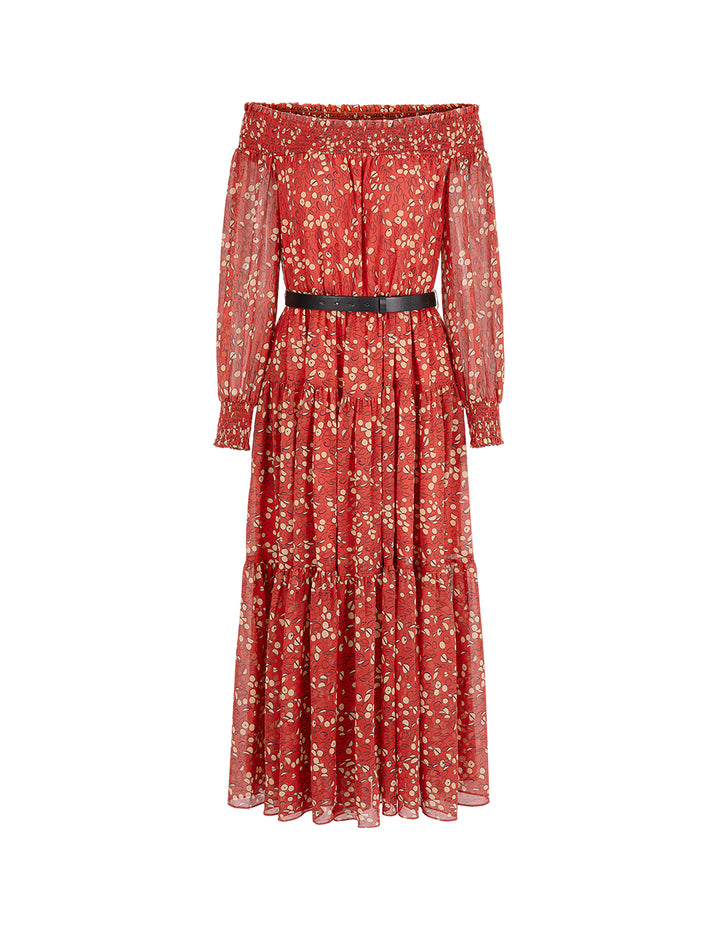 MARYLING Bateau Collar Printed Long Sleeve Dress