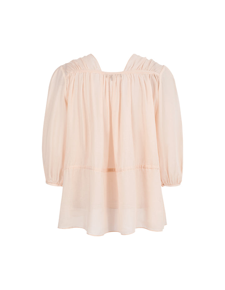 MARYLING V-Neck Puff Long-Sleeve Lyocell Pinched Top