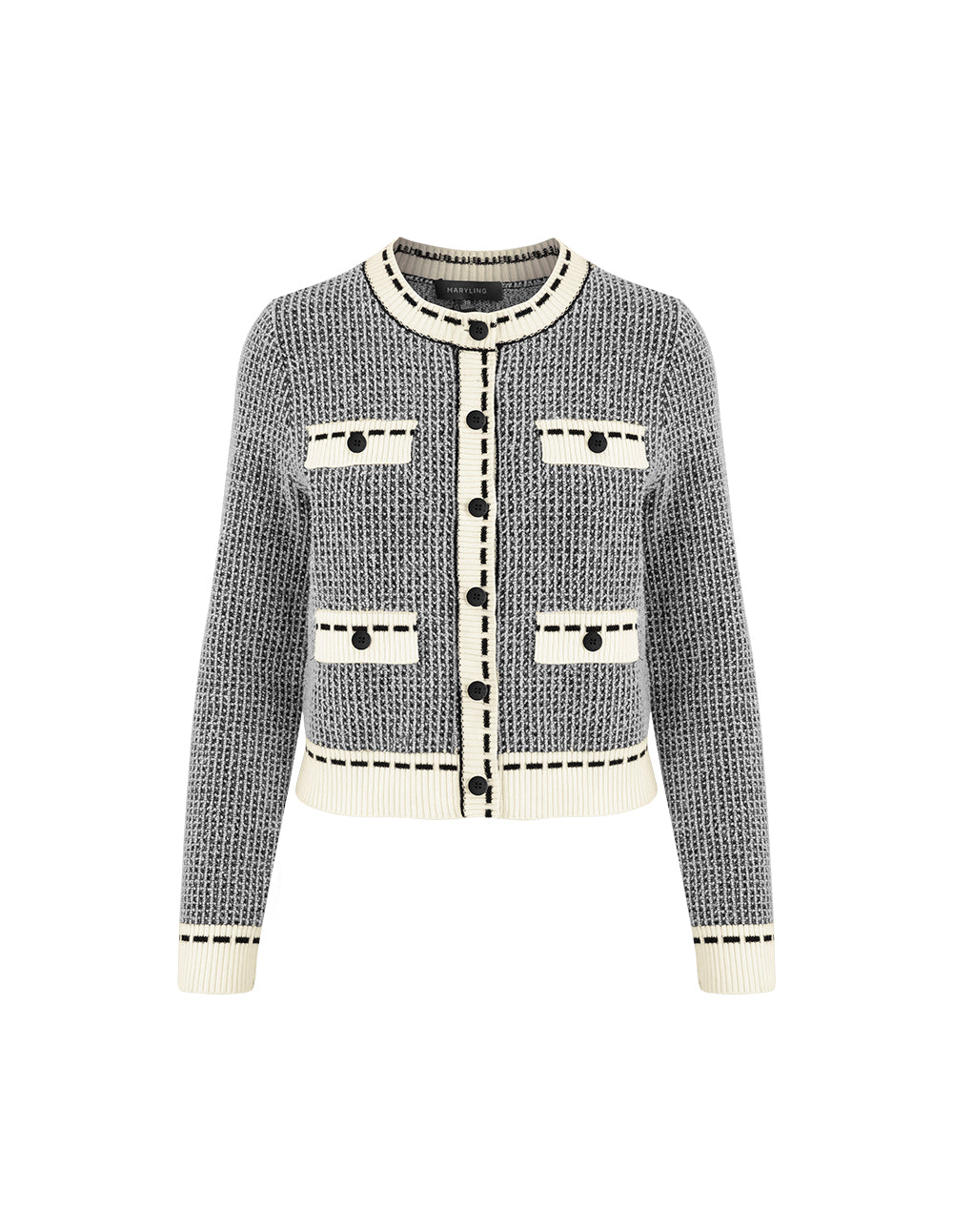 MARYLING Crew-Neck Long-Sleeve Cropped Multi-Pockets Wool Knitted Cardigan