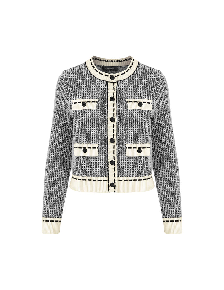 MARYLING Crew-Neck Long-Sleeve Cropped Multi-Pockets Wool Knitted Cardigan