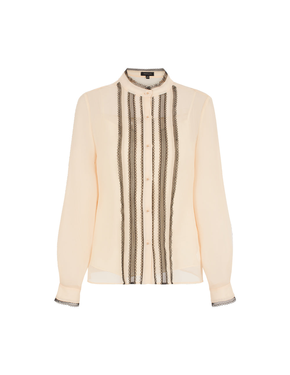 MARYLING Mandarin Collar Long-Sleeve Lace-Ruffle-Trim Silk Blouse