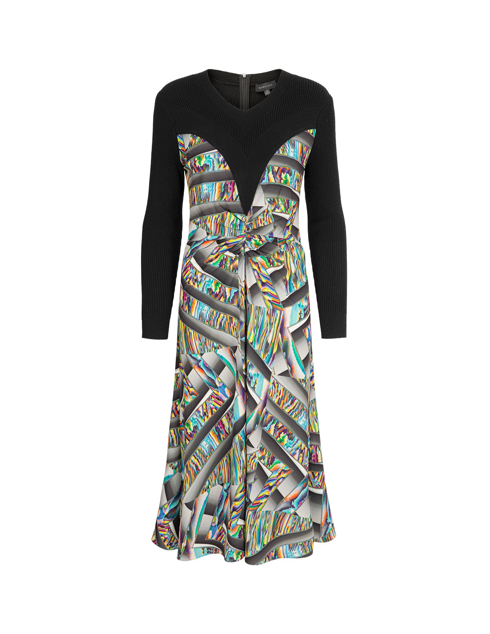 MARYLING Round-Neck Long-Sleeve Empired Knitted Printed Midi Dress