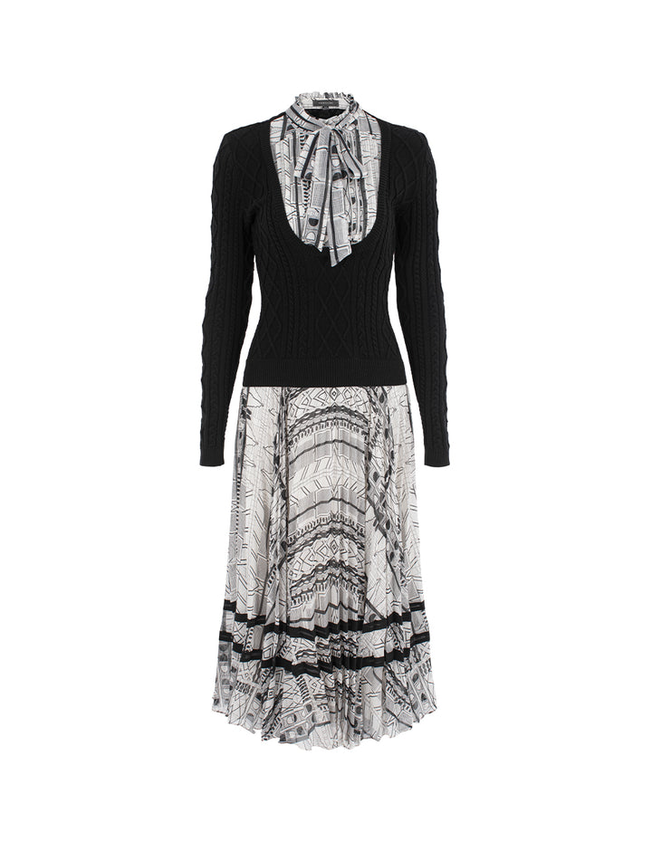 MARYLING Stand Collar Tie-Front Print Knit Midi Dress