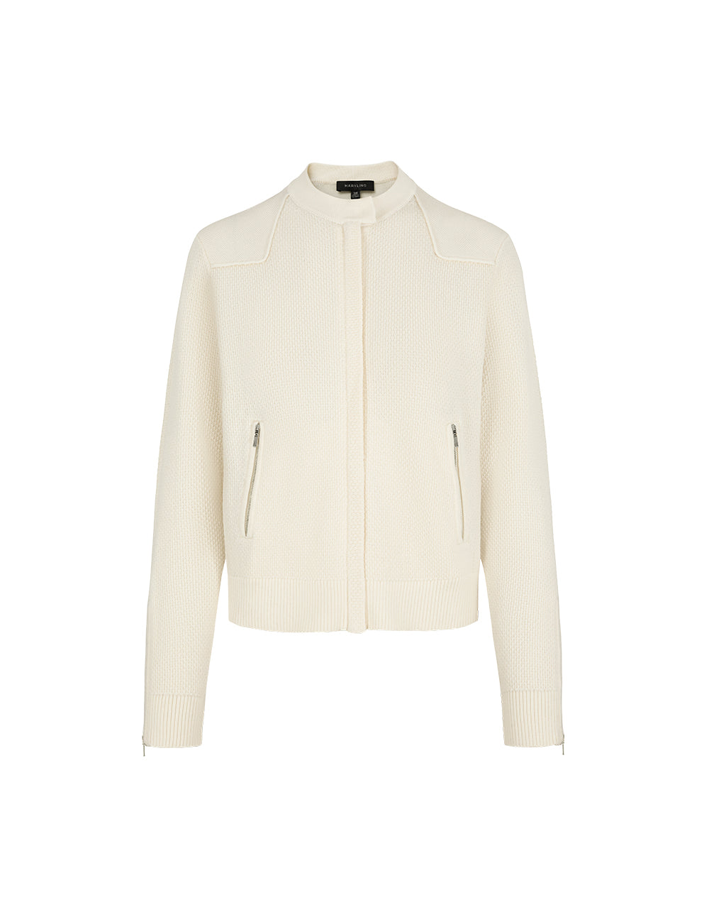 MARYLING White Round Neck Long-Sleeve Zipper Knit Cardigan