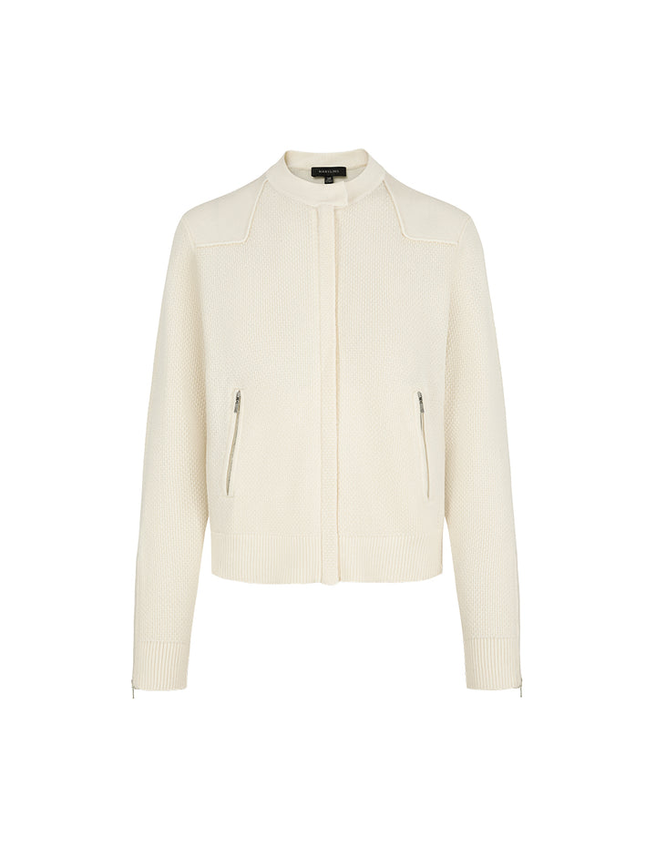 MARYLING White Round Neck Long-Sleeve Zipper Knit Cardigan