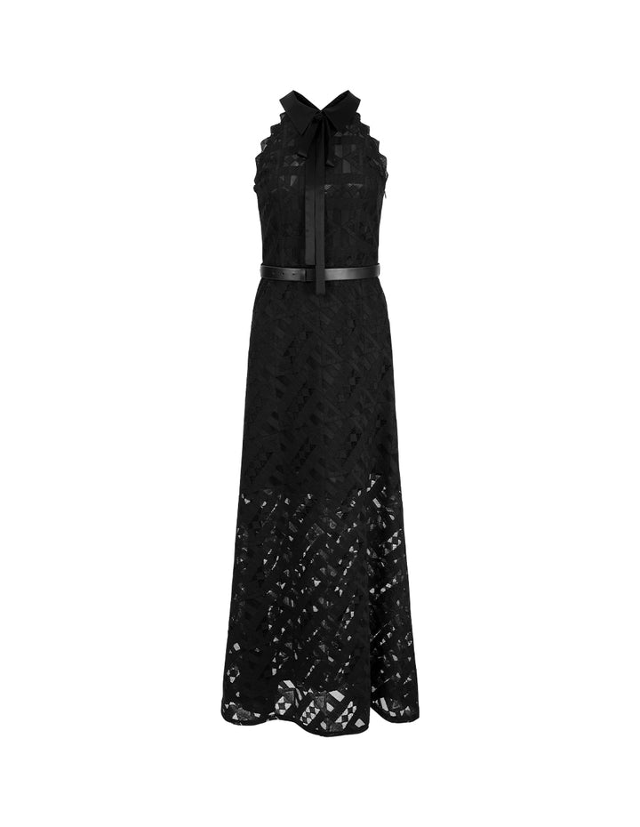 MARYLING Black Small Lapel Off-Shoulder Lace Fishtail Dress