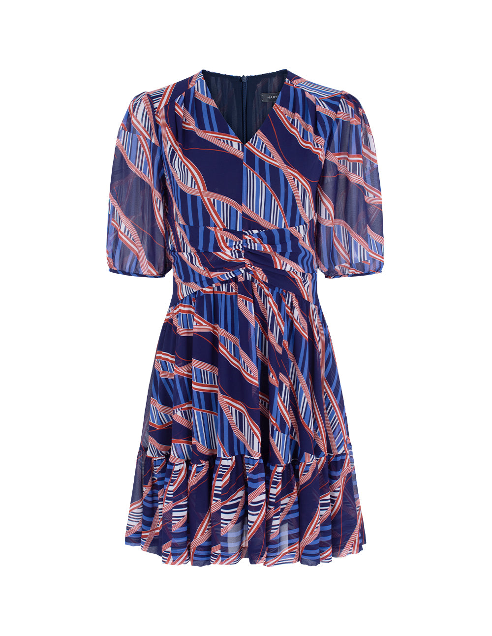 MARYLING V-Neck Puff Short Sleeve Striped Print Pleated Flounce Midi Dress