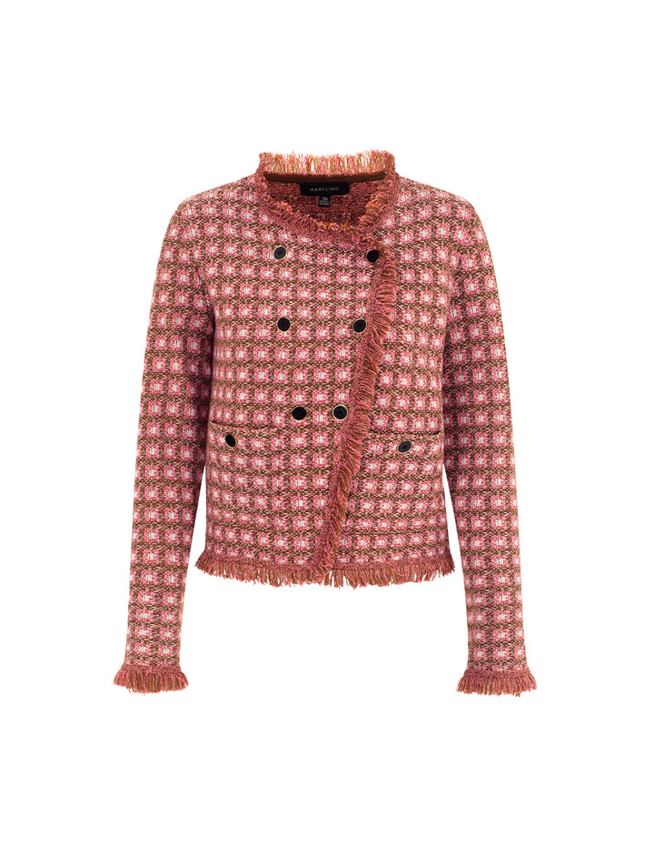 MARYLING Round Neck Long Sleeve Plaid Double-Breasted Knit Cardigan