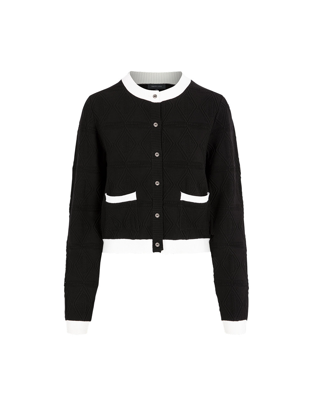MARYLING Black And White Contrasting Round Neck Dark Pattern Knitted Cardigan
