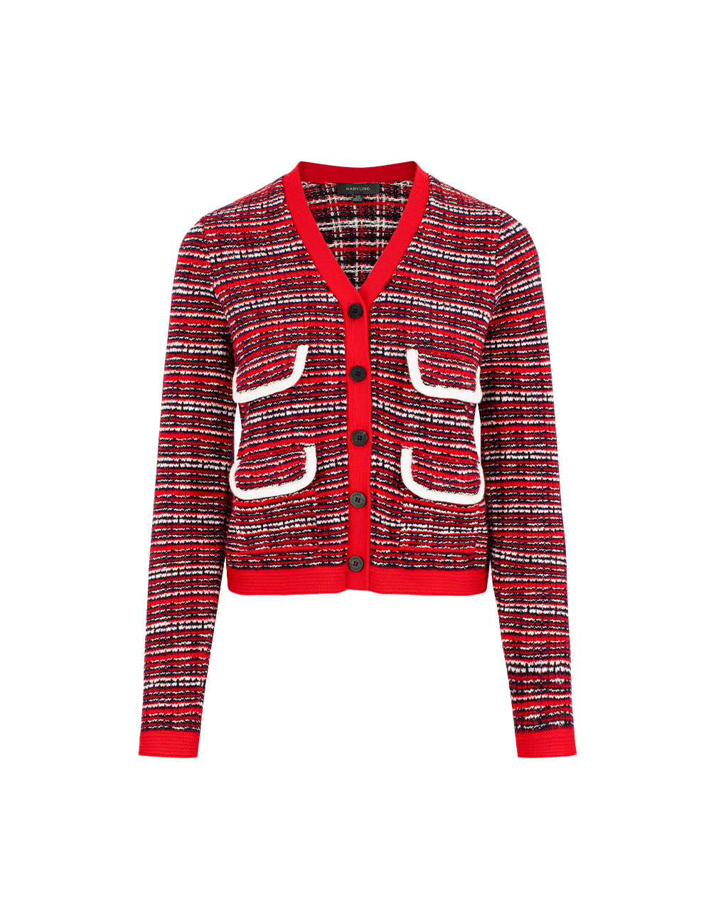 MARYLING V-Neck Red & White Checkered Tweed Multi-Pockets Knit Cardigan
