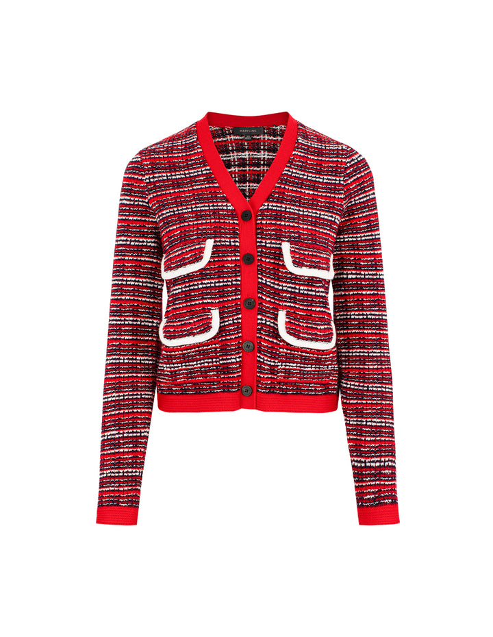 MARYLING V-Neck Red & White Checkered Tweed Multi-Pockets Knit Cardigan