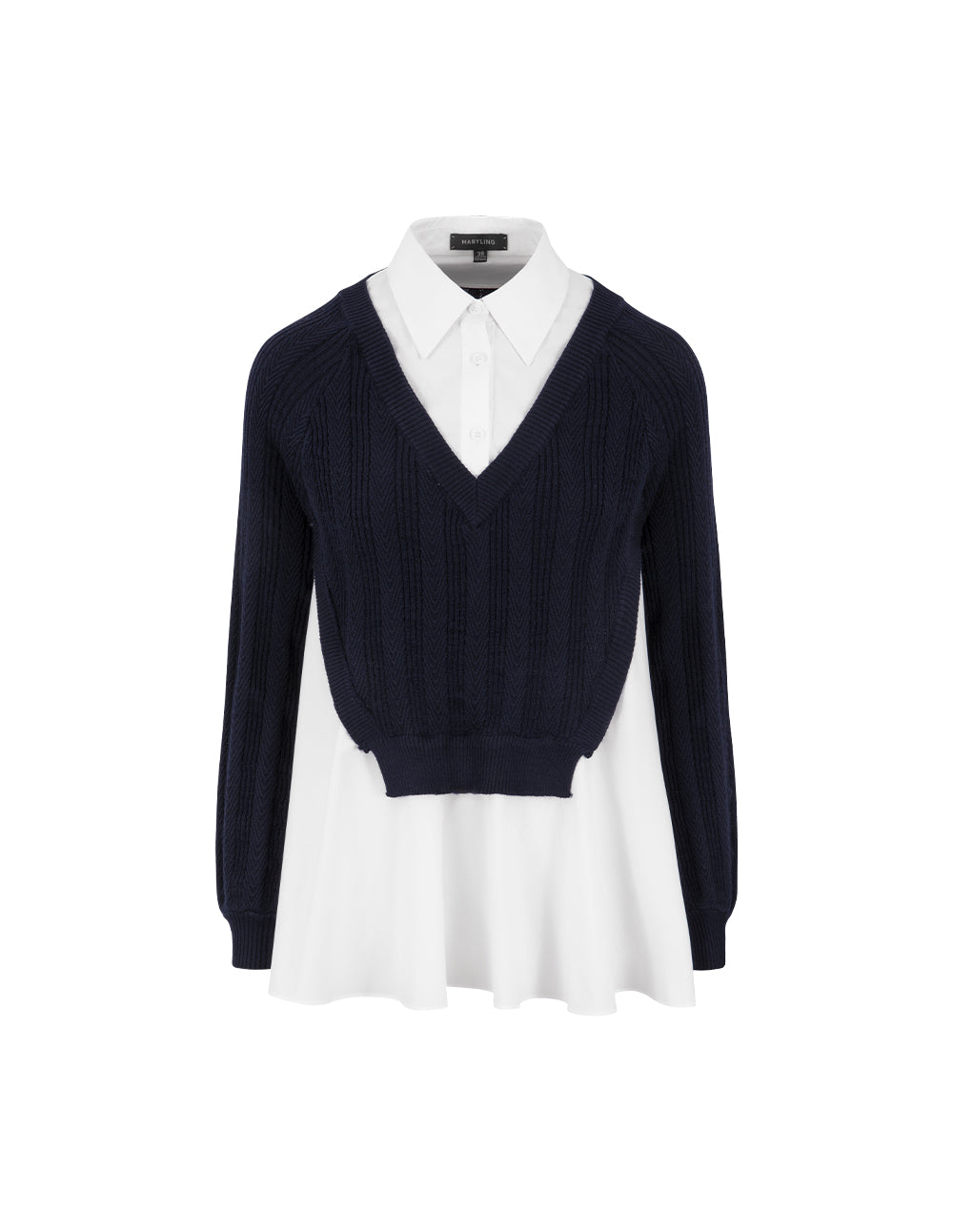 MARYLING Blue A& White Long-Sleeve Patchwork Knitted Blouse