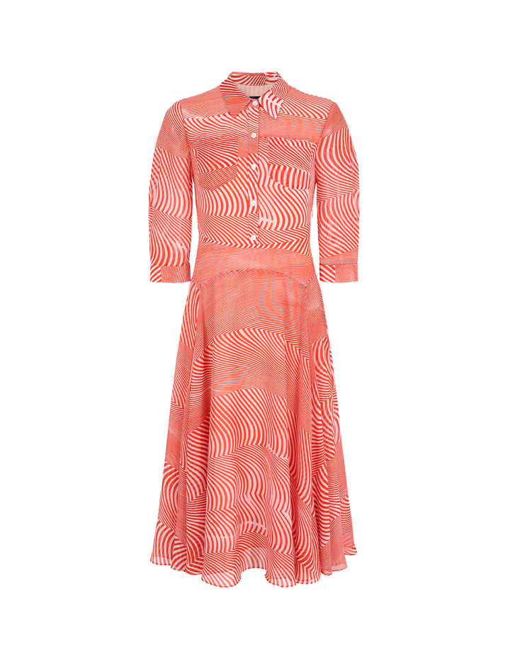 MARYLING Half-Sleeve Striped-Print Pleated Midi Shirt Dress