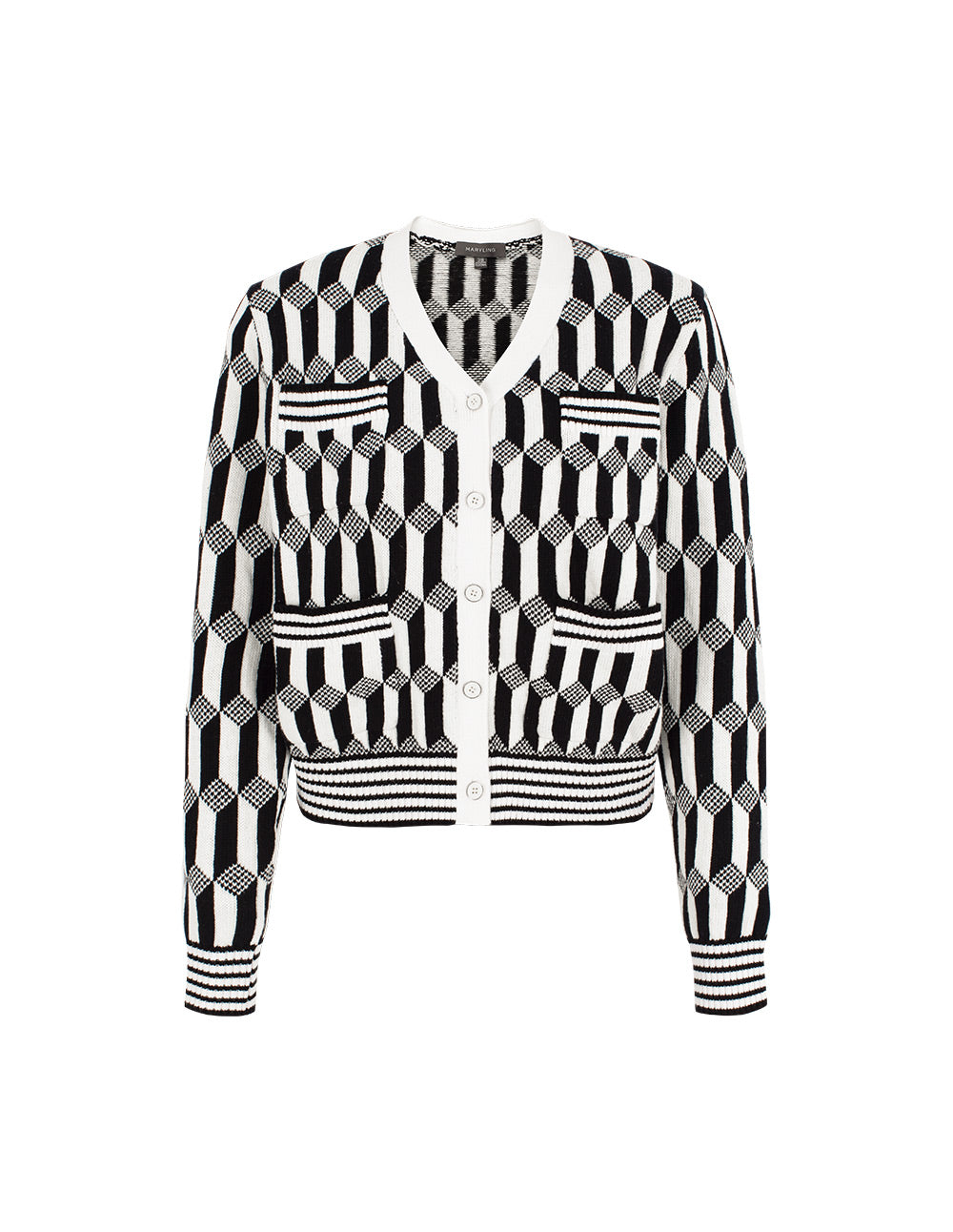 MARYLING Geometric Patterned Jacquard Multi-Pockets Black And White Knit Cardigan