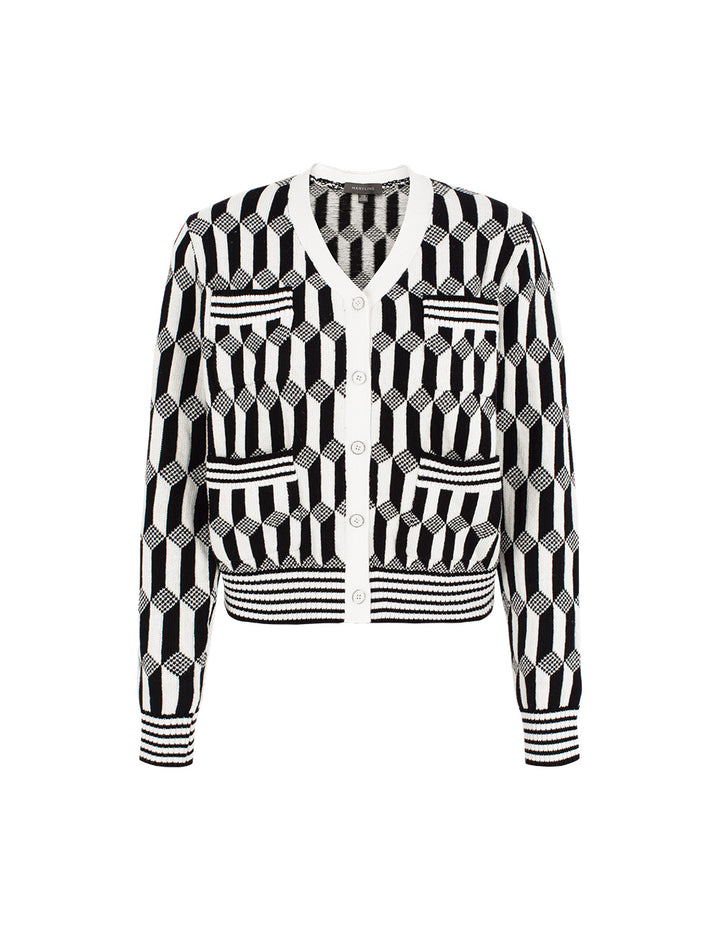 MARYLING Geometric Patterned Jacquard Multi-Pockets Black And White Knit Cardigan
