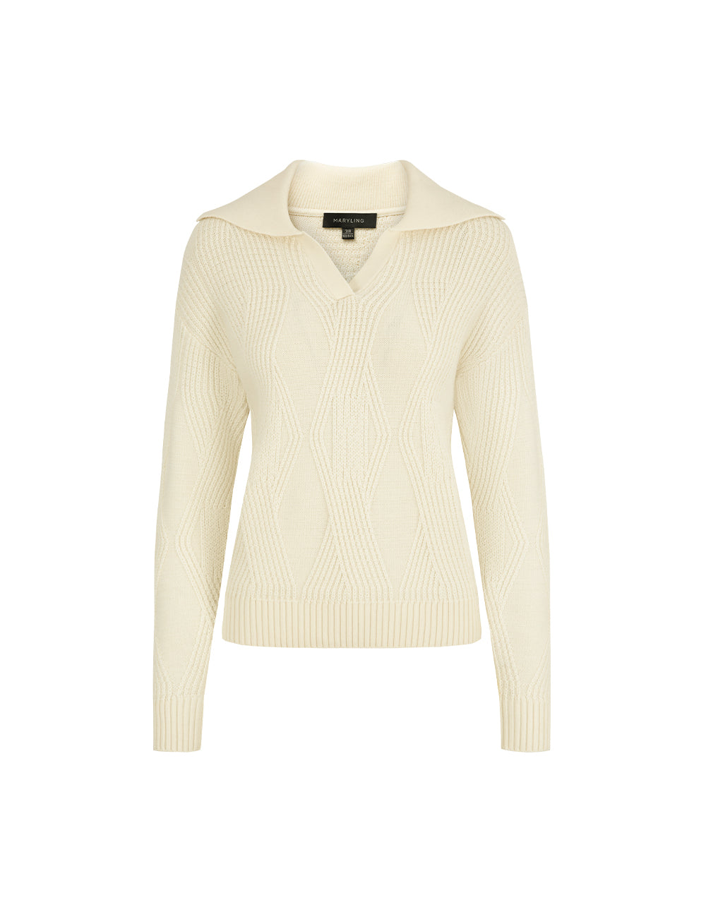MARYLING Lapel Collar Long-Sleeve Cream-Colored Knitted Pullover