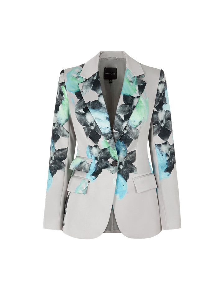 MARYLING Peaked Lapel Oil Painting Print Single-Button Long-Sleeve Blazer