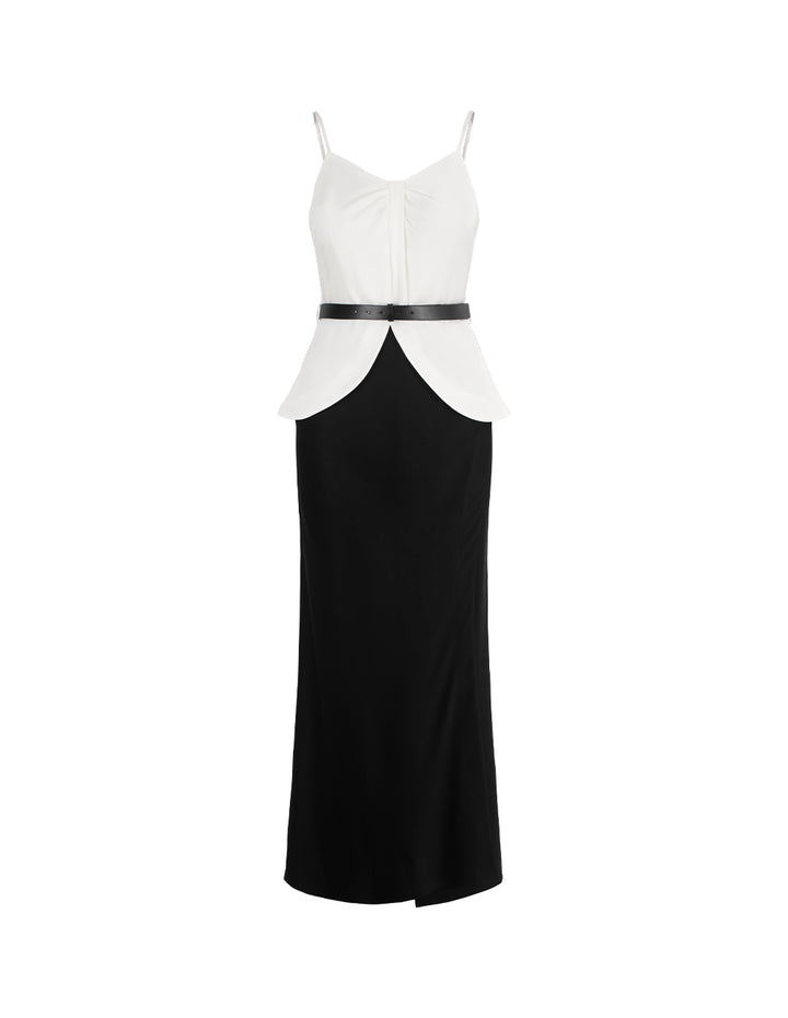 MARYLING Sleeveless Black White Color-Block Pleated Satin Slip Dress