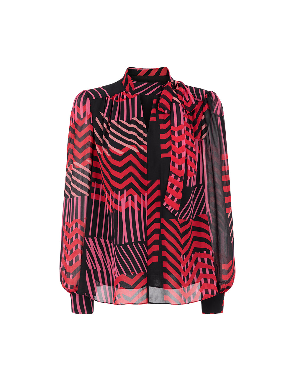 MARYLING Striped Long-Sleeve Tie-Neck Printed Top