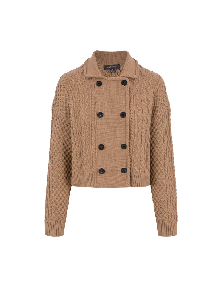 MARYLING Camel Lapel Double-Breasted Knitted Cardigan