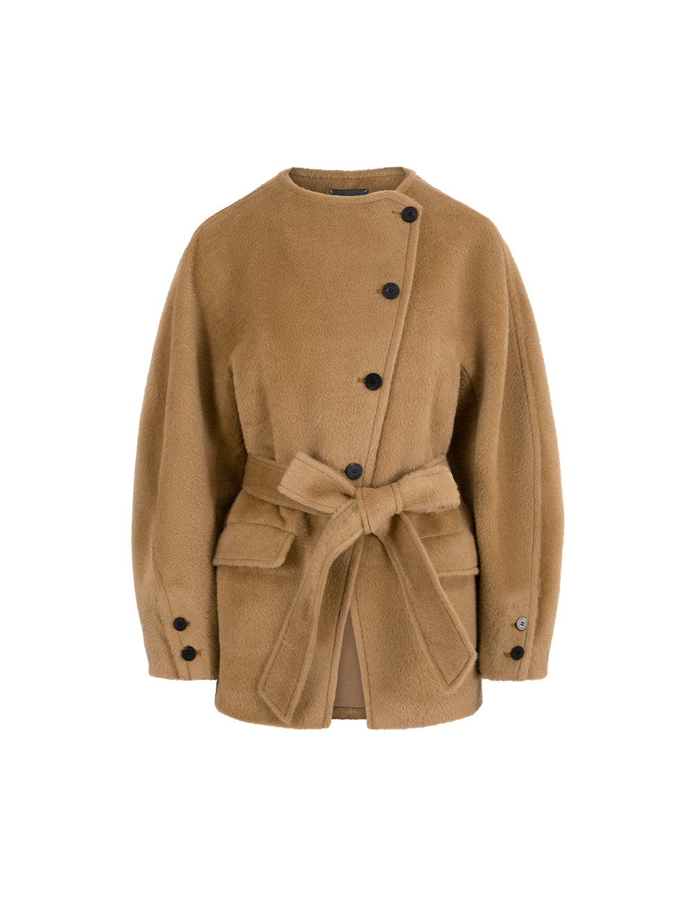 MARYLING Crew-Neck Single Oblique Breasted Belted Long-Sleeve Cashmere Coat