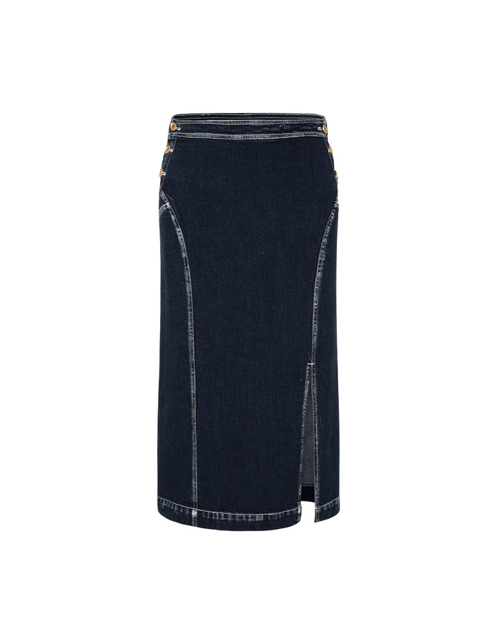 MARYLING White Trim Slit Knee-Length Denim Skirt
