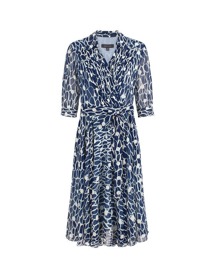 MARYLING V-Neck Puff Sleeve Pin Tuck Glass-Bead Print Shirt Dress