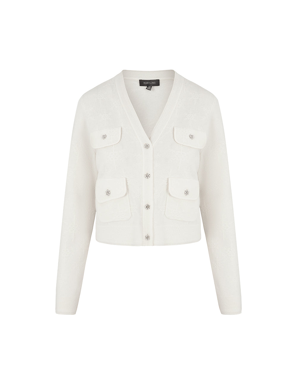 MARYLING V-Neck Multi-Pocket Long-Sleeve Jacquard Cropped Knitted Cardigan