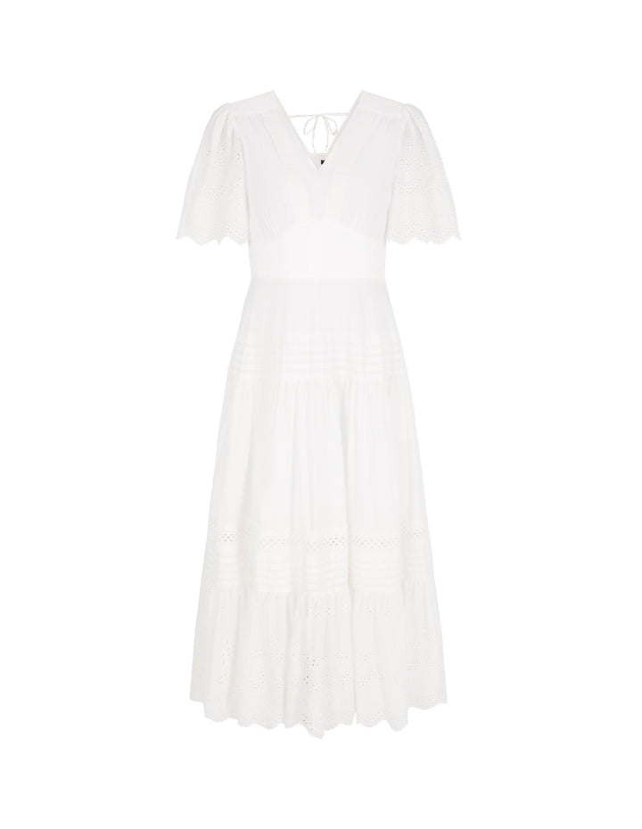 MARYLING V-Neck Short-Sleeve Lace Empire-Waist Flounce Midi Dress