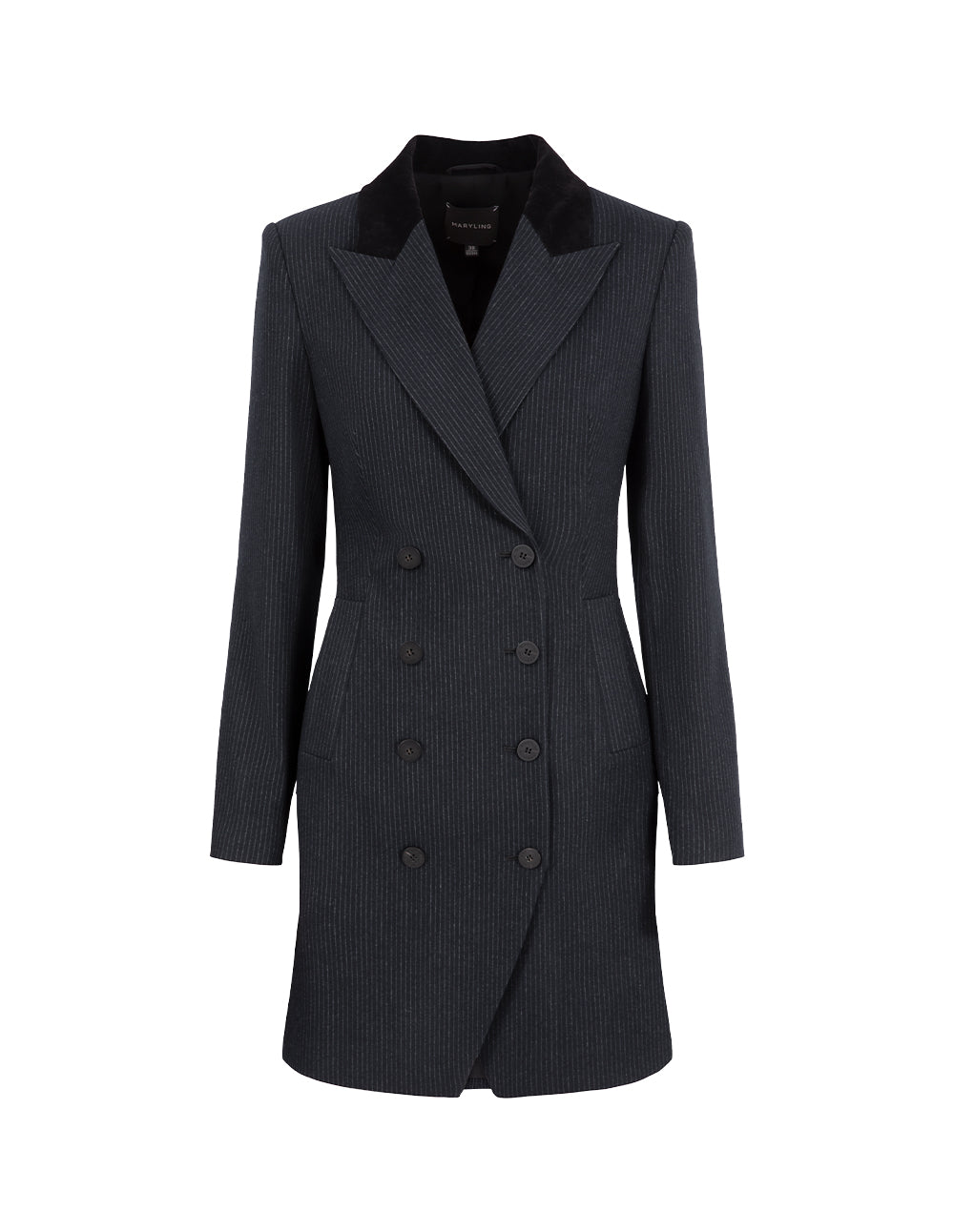MARYLING Navy Striped Double-Breasted Long Trench Blazer