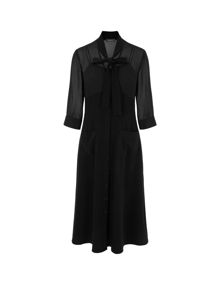 MARYLING Tie Half-Sleeve A-Line Midi Black Shift Dress