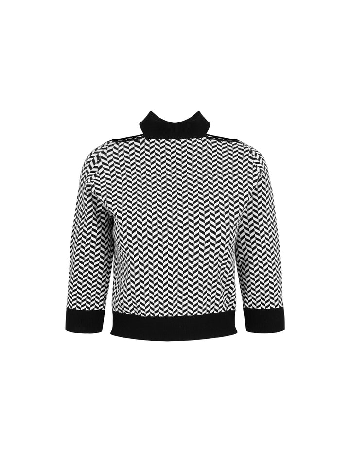 MARYLING Black And White Herringbone Off-Shoulder Mid-Sleeve Knitted Pullover