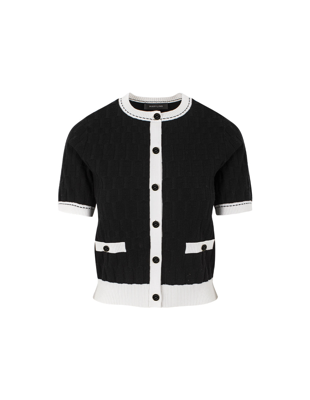 MARYLING Round Neck Half Sleeve White-Trimmed Knit Cardigan